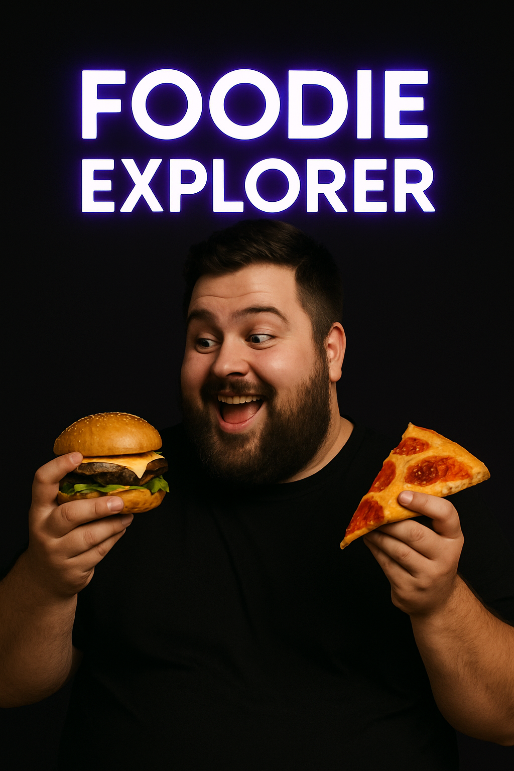 Foodie Explorer header over a happy guy holding a burger and pizza slice