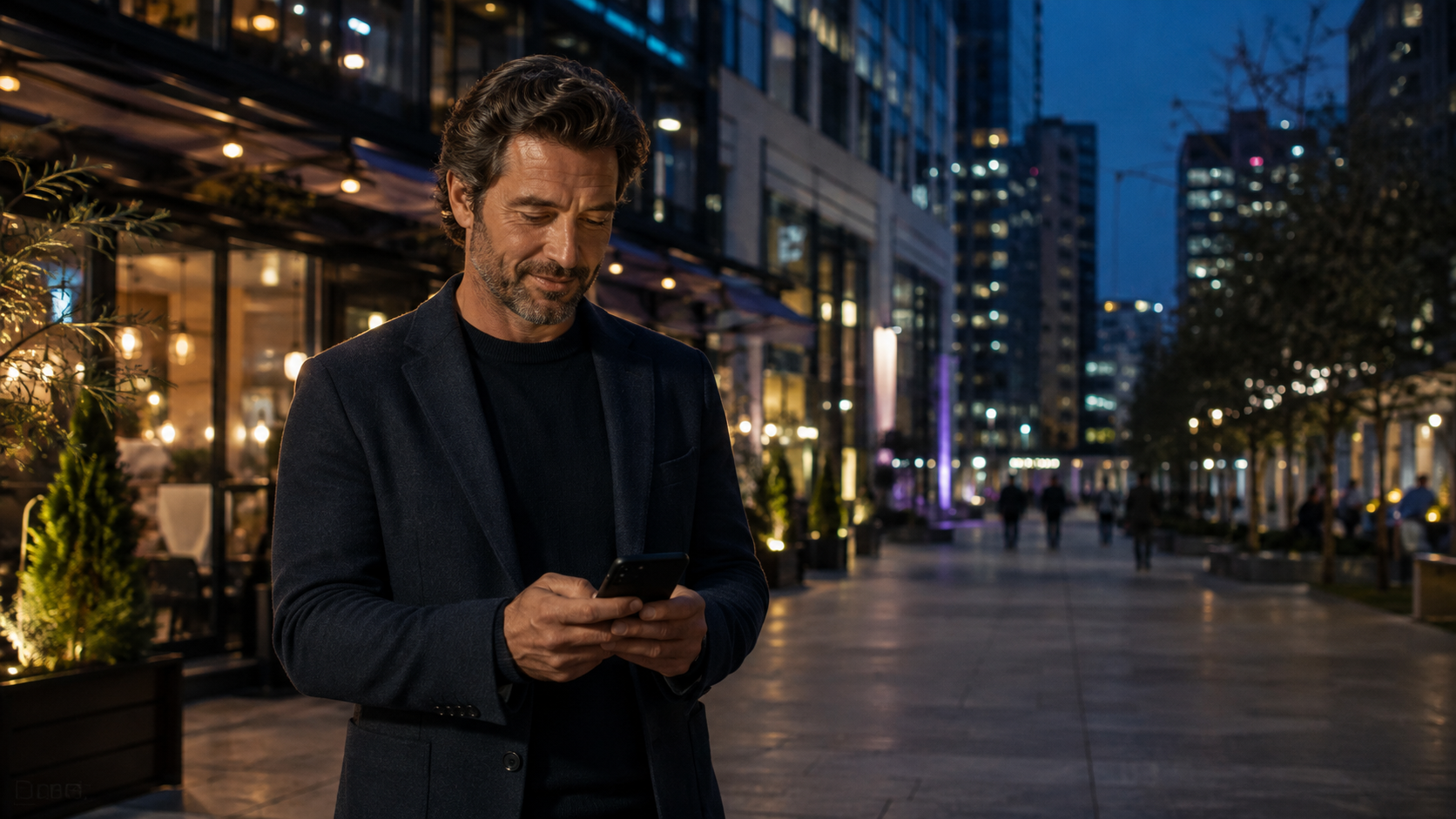 Adult man checking his phone before meeting a date in the city