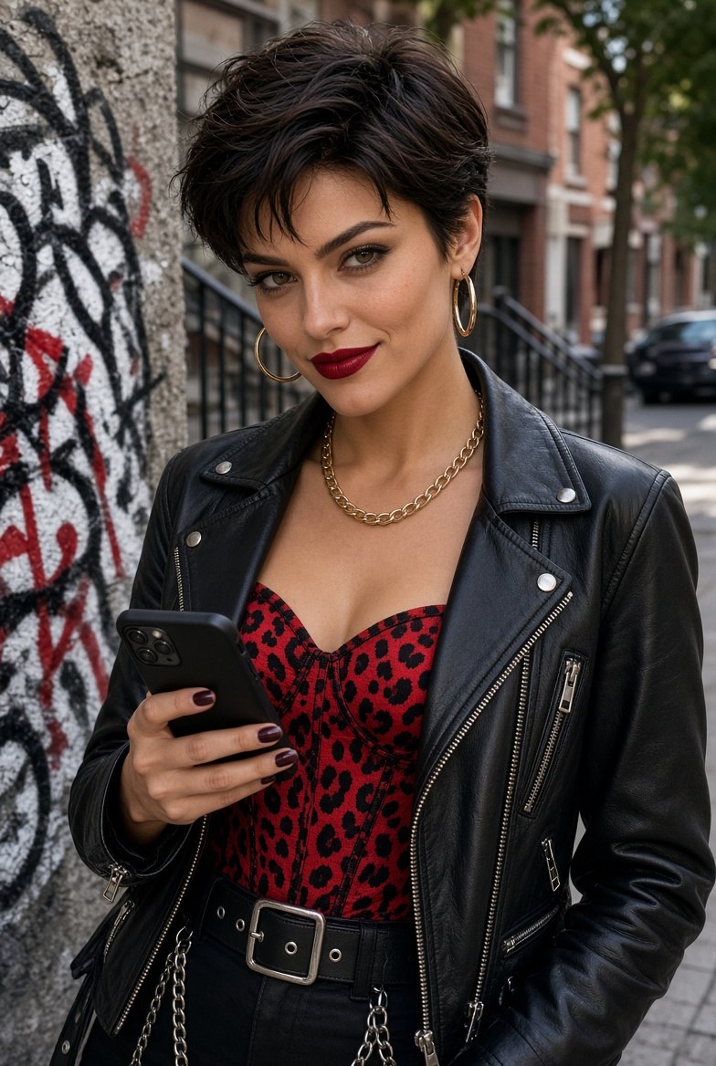 Adult woman with short dark hair and a leather jacket holding a phone