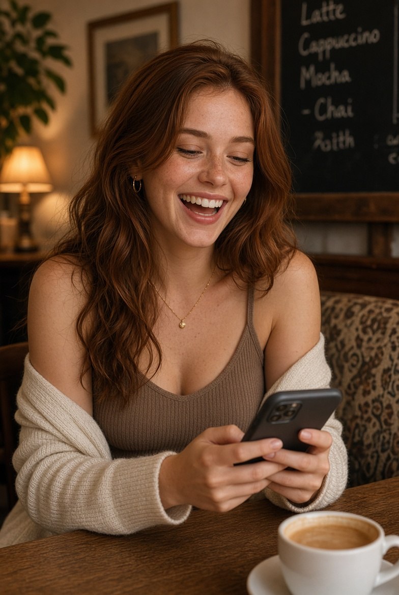 Adult red-haired woman laughing while looking at her phone in a cafe