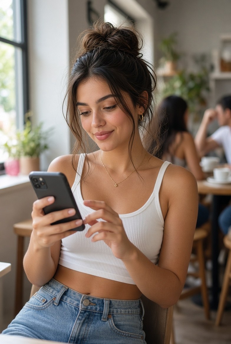 Adult brunette woman using her phone in a cafe