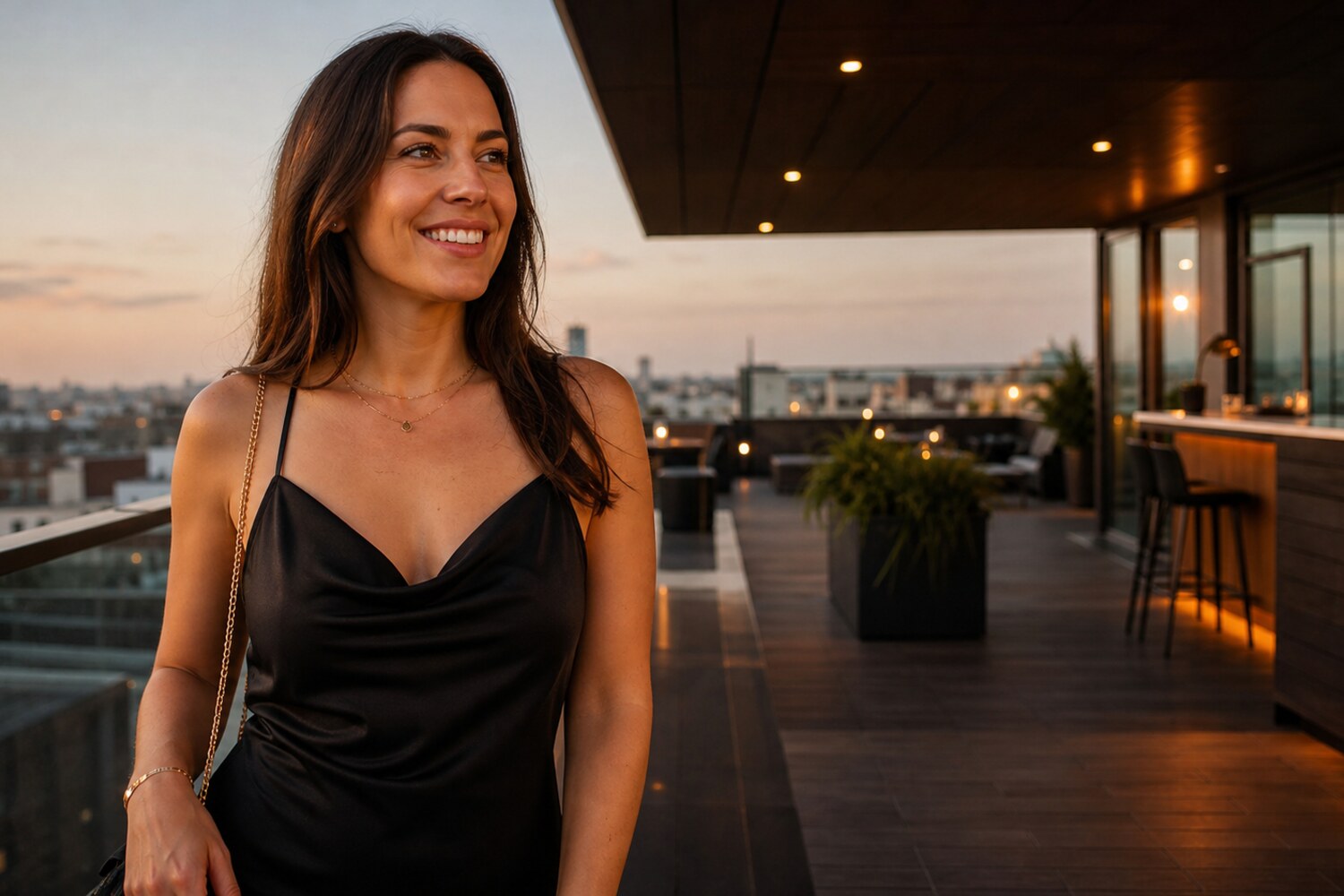 Adult woman arriving at a rooftop venue for an evening out