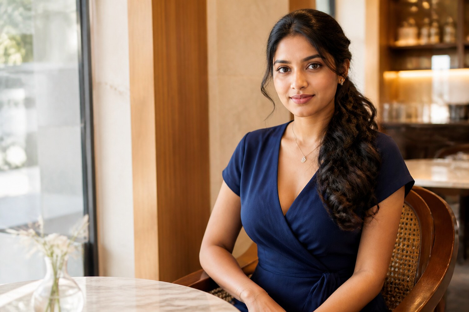 South Asian adult woman in a blue wrap dress at an upscale cafe