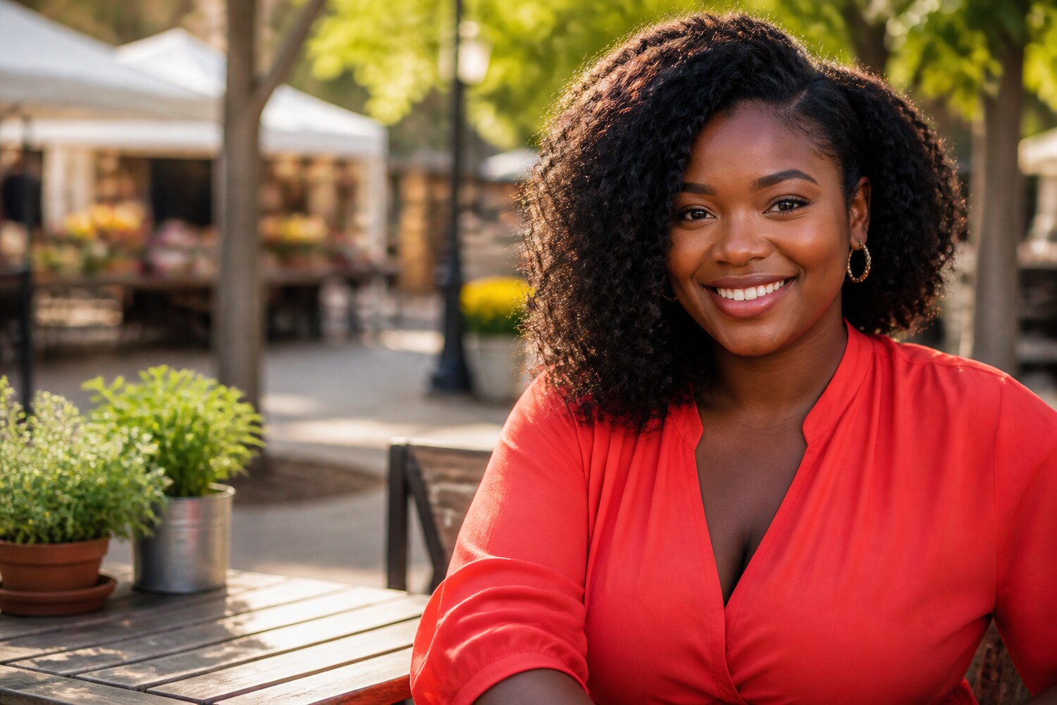 Black adult woman with natural curls at an outdoor neighborhood market