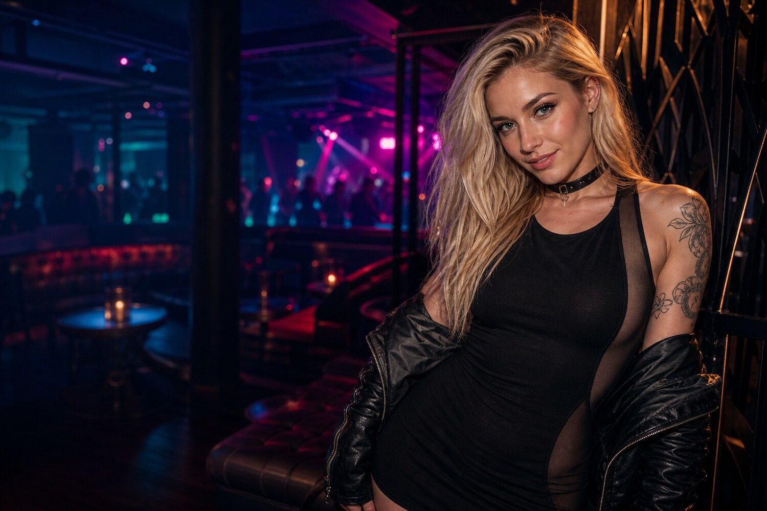 Blonde tattooed adult woman dressed for a neon-lit alternative nightlife party