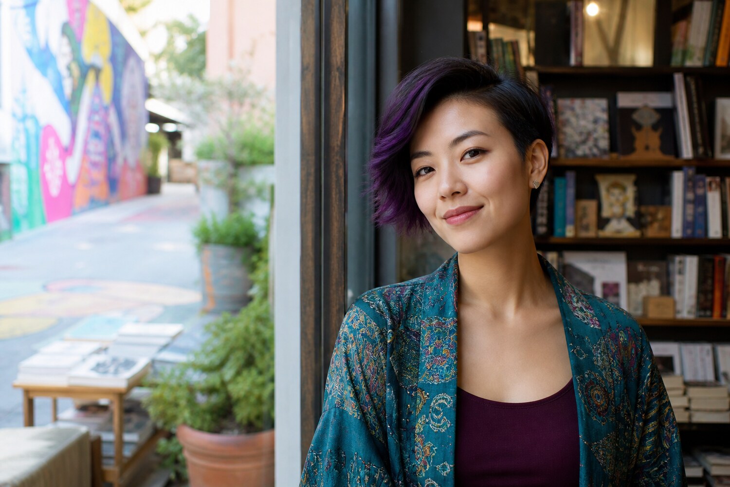 East Asian adult woman with a purple-streaked pixie haircut at a bookstore