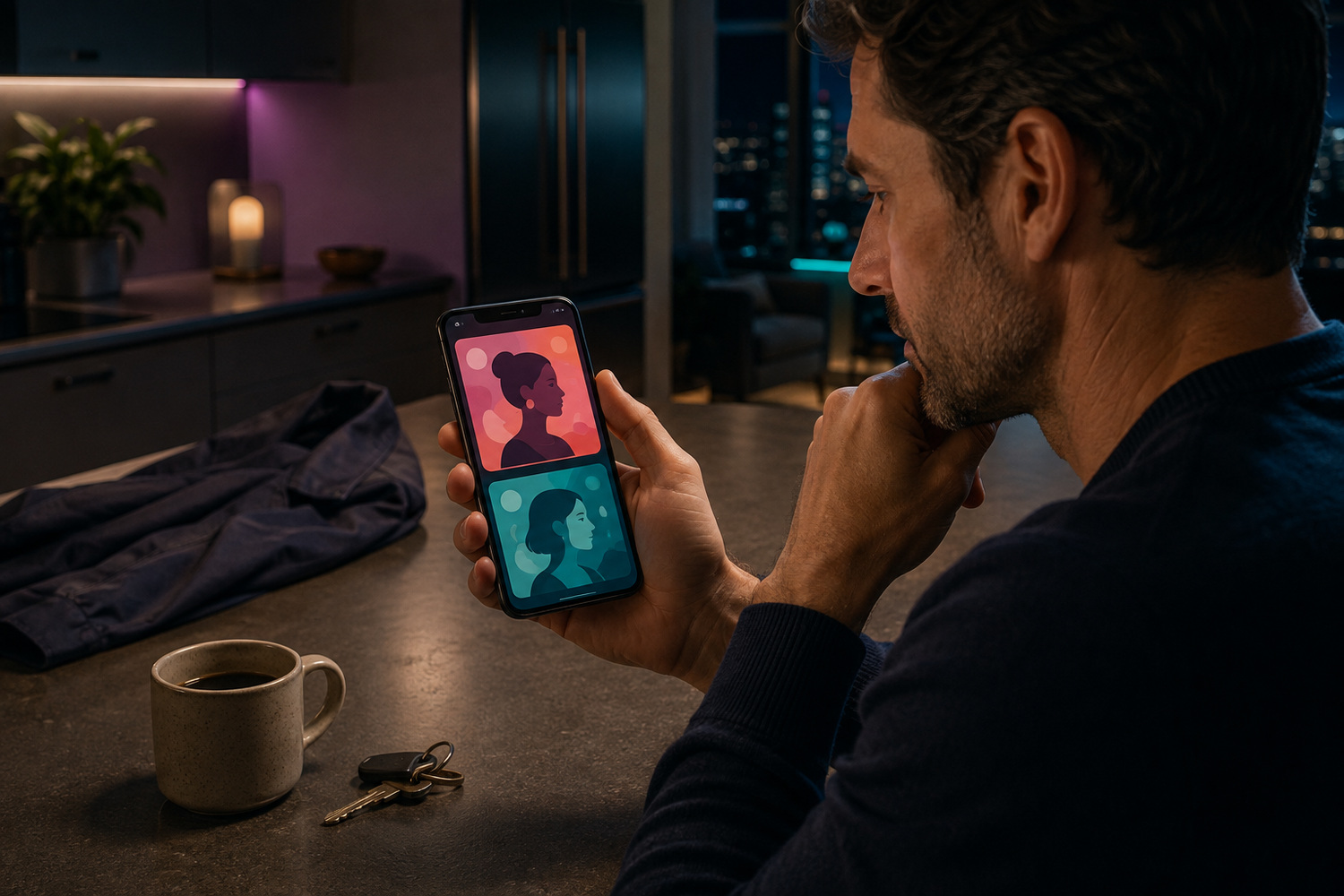 Adult man comparing abstract dating app choices on his phone